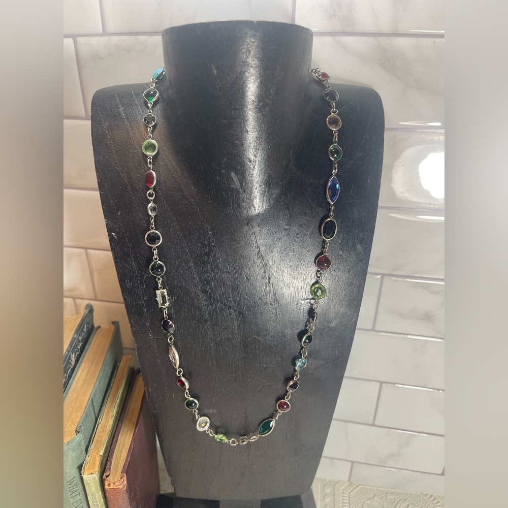 Multicolour Crystal Semi Precious Stone Glass Vintage Silver Unmarked Necklace